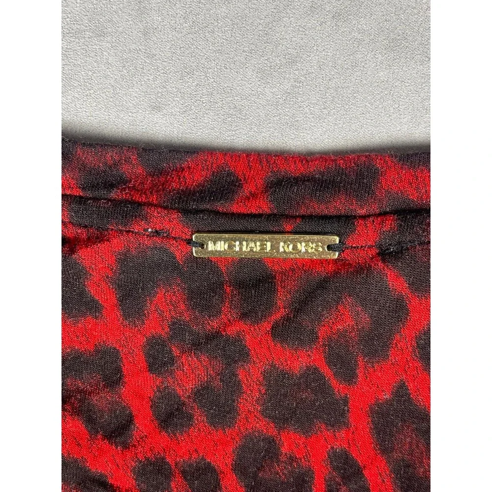 Michael Kors Red Black Leopard Print Scoop Neck Long Sleeve Top XS Animal‎ Print